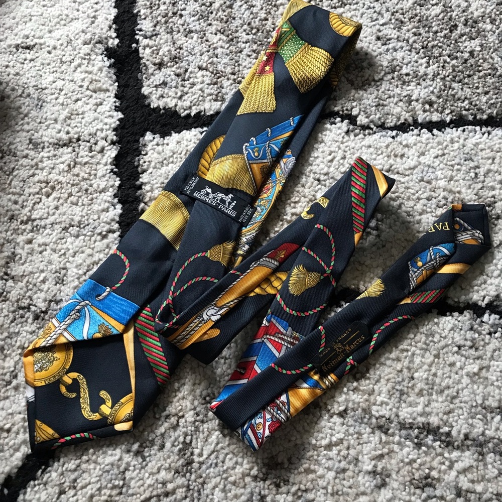 🏇 Hermes Silk Black & Gold Vintage Scarf Print Tie